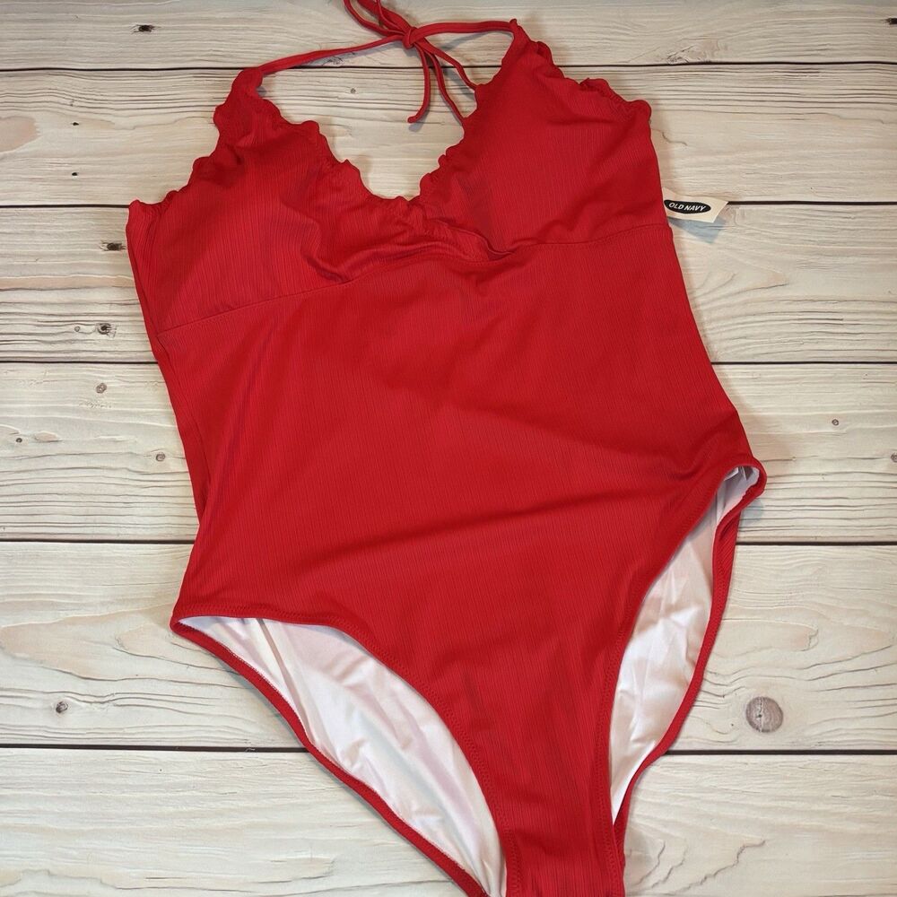 Old Navy NEW Womens One Piece Ribbed Swimsuit Red Scallop Bathing Suit XXL